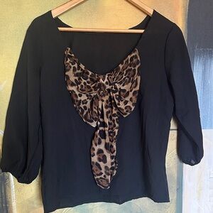 Women’s Black Boutique Blouse with Leopard Bow Detail size medium